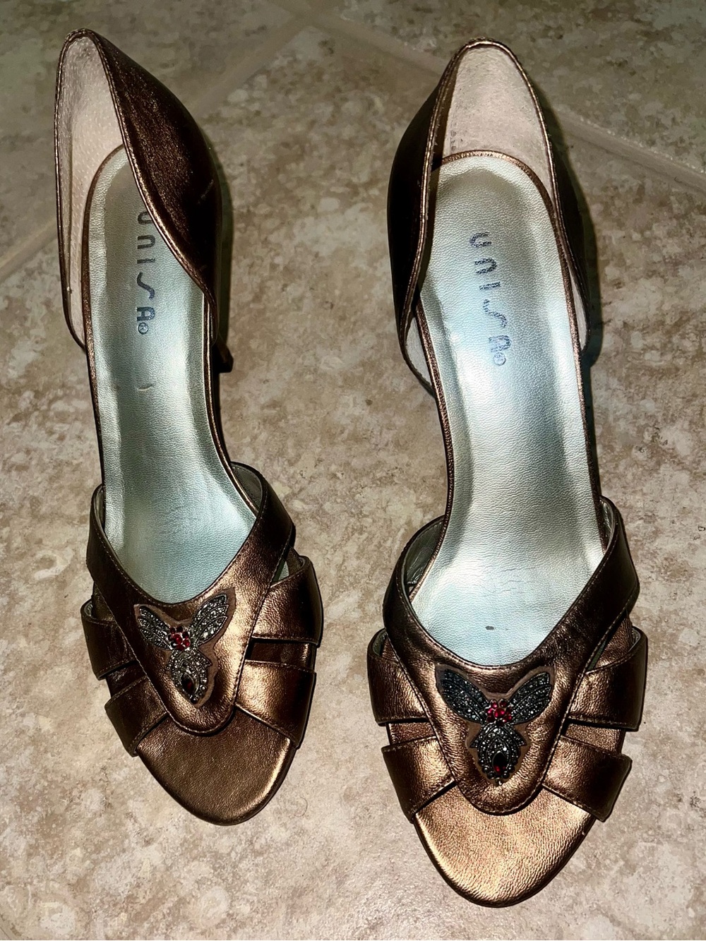 Unisa Bronze Metallic D'Orsay Heels with Jeweled Butterfly Accent